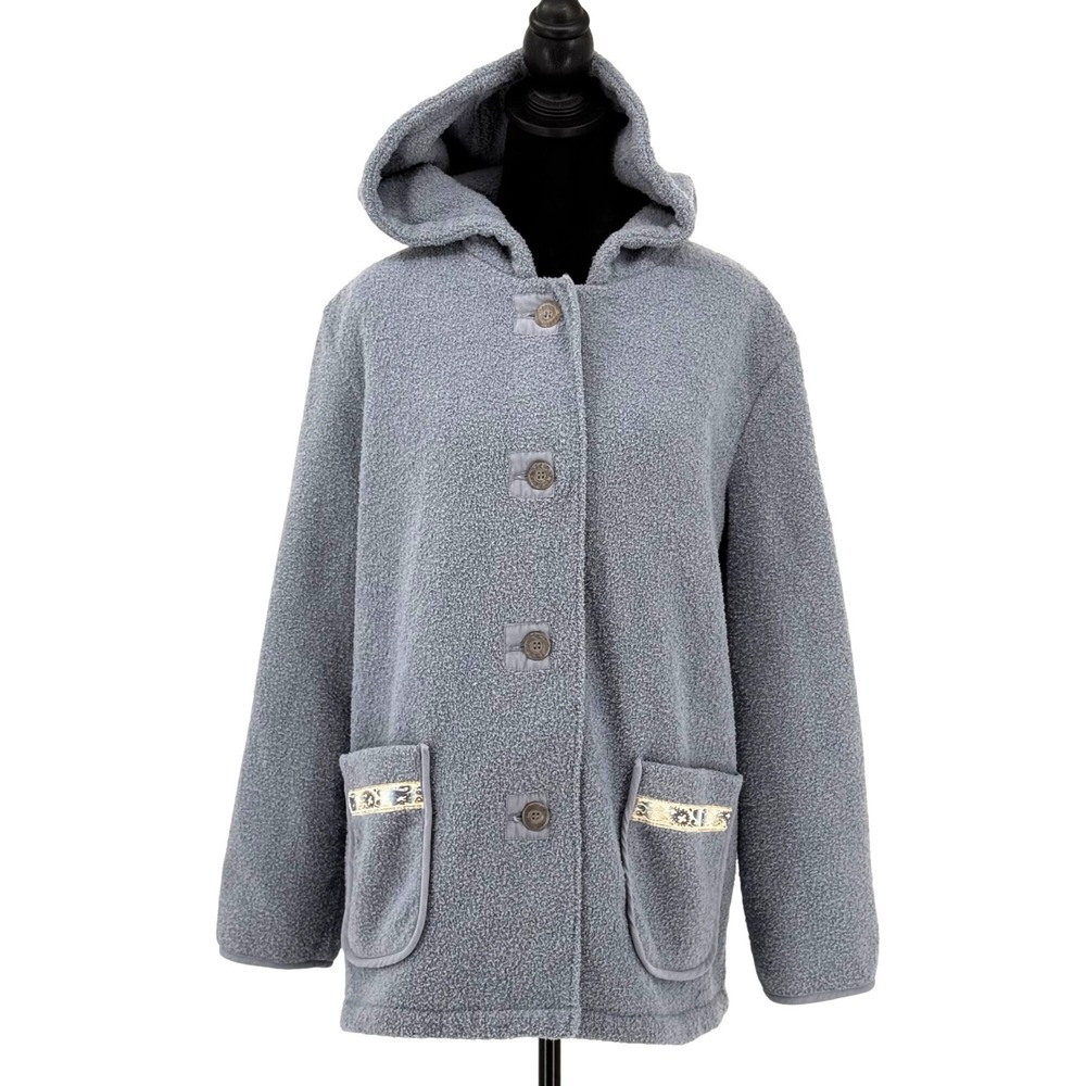Vintage Boucle Jacket Womens L Hooded Embroidered Patch Pockets Button Folk Boho